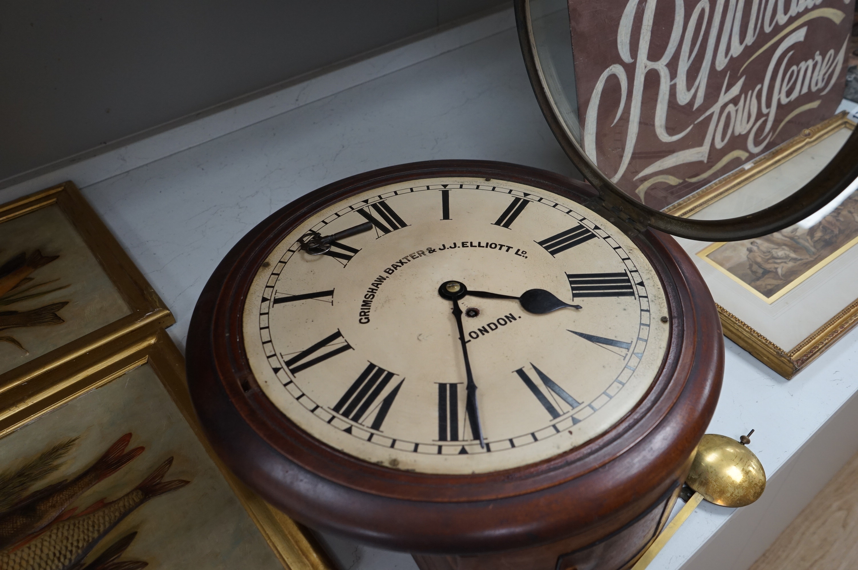 A Victorian Grimshaw, Baxter & JJ Elliottt Ltd, London, mahogany fusee wall timepiece. 46cm diameter. Condition - face crazed in places, unknown if working